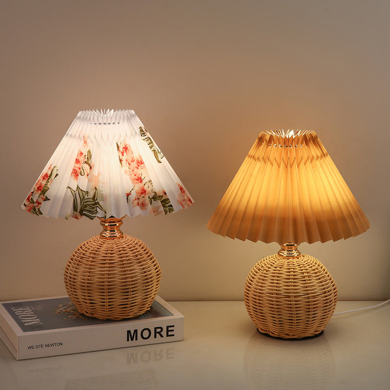Modern Nordic Rattan Weave Bedside Lamp With Pleated Cone Shade USB LED