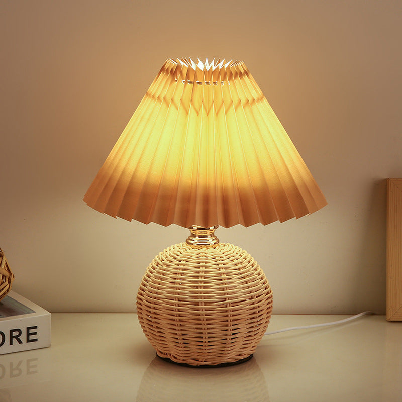 Modern Nordic Rattan Weave Bedside Lamp With Pleated Cone Shade USB LED