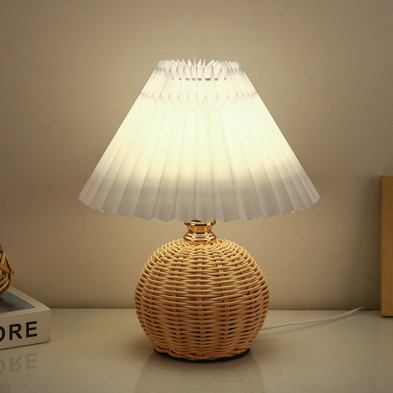 Modern Nordic Rattan Weave Bedside Lamp With Pleated Cone Shade USB LED