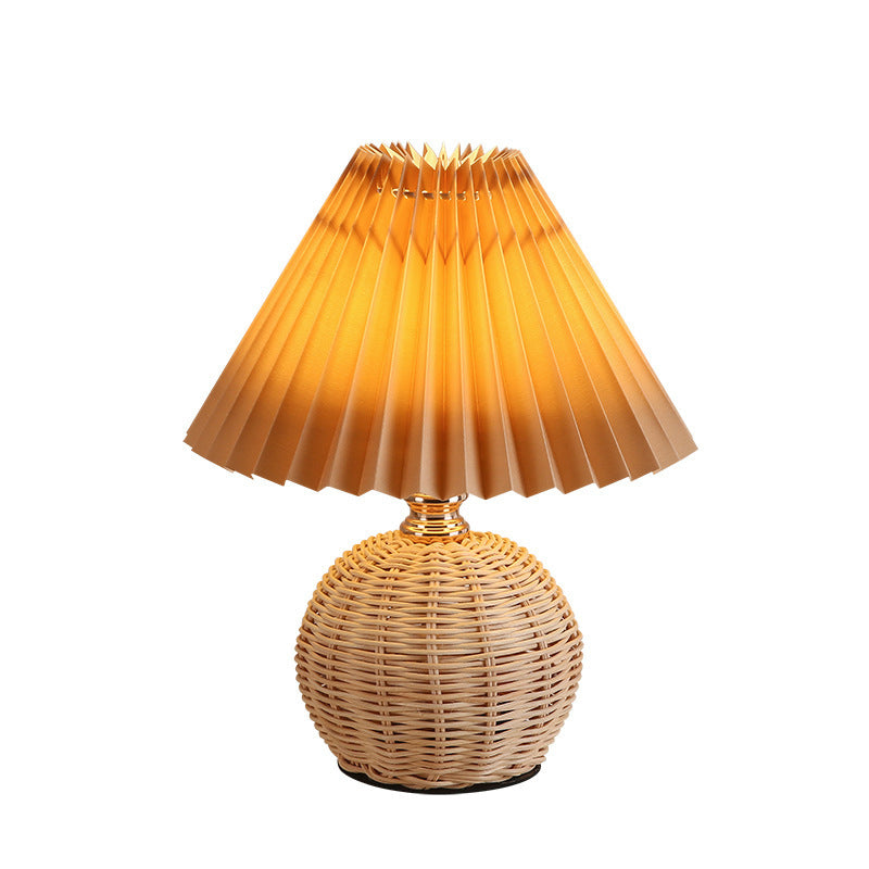 Modern Nordic Rattan Weave Bedside Lamp With Pleated Cone Shade USB LED