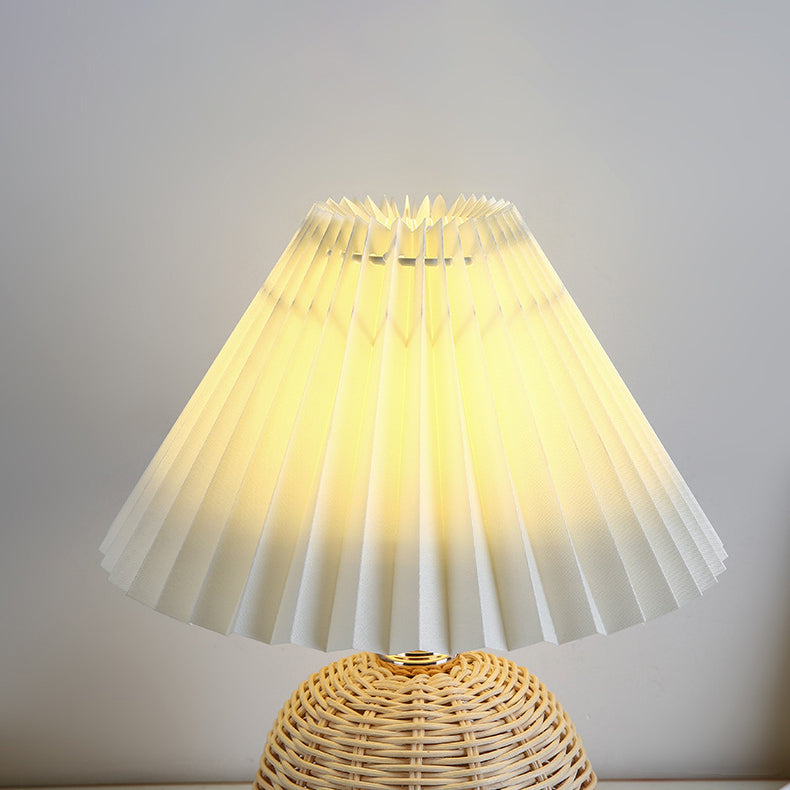 Modern Nordic Rattan Weave Bedside Lamp With Pleated Cone Shade USB LED