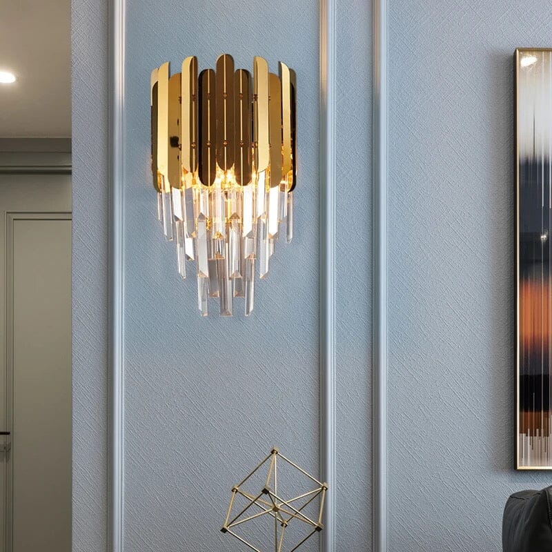 Elara Crystal Wall Lamp With Chrome And Gold Finish Dangling Crystal Bars