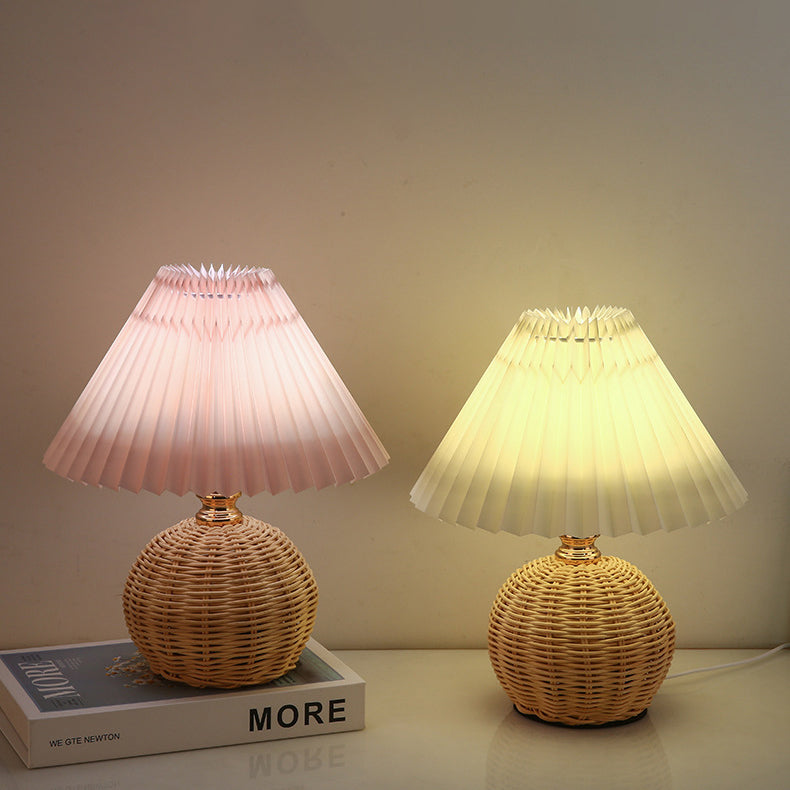 Modern Nordic Rattan Weave Bedside Lamp With Pleated Cone Shade USB LED