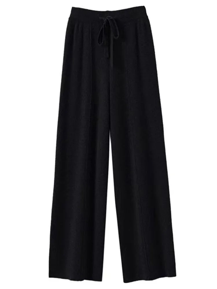 100% Cashmere Wide-Leg Knit Pants - High-Waist Soft Warm Trousers for Effortless Autumn/Winter Style 0