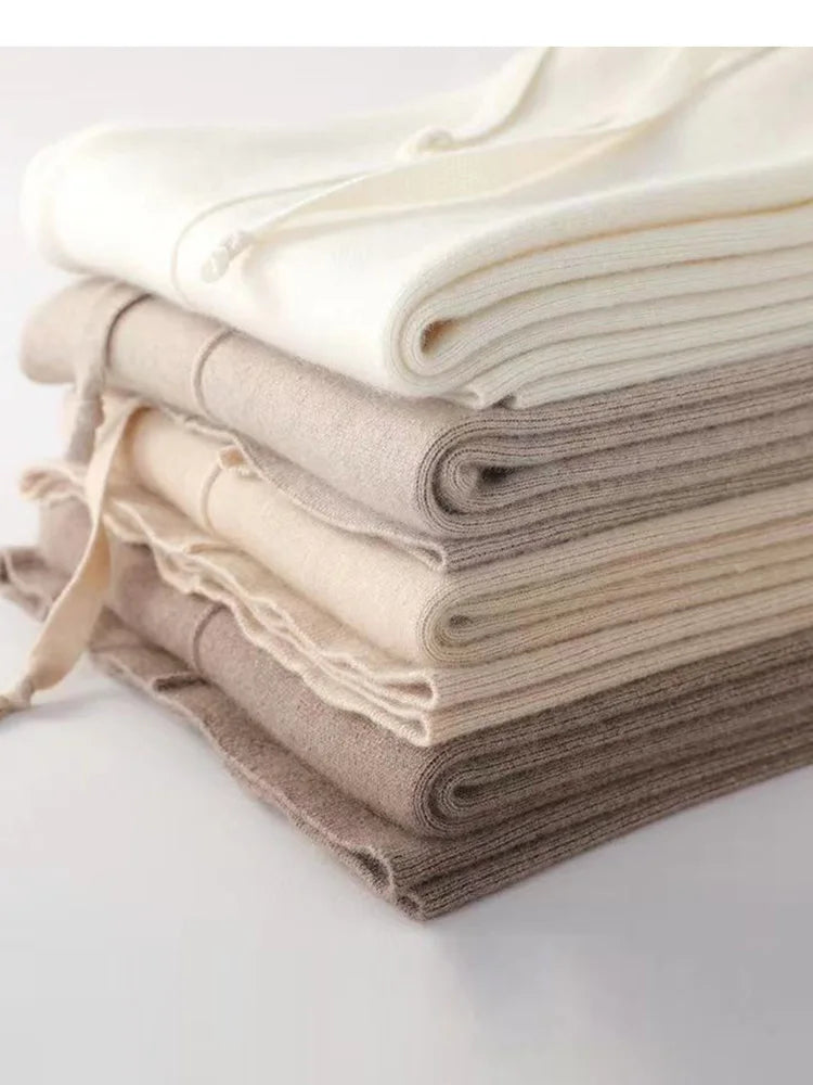 100% Cashmere Wide-Leg Knit Pants - High-Waist Soft Warm Trousers for Effortless Autumn/Winter Style 1