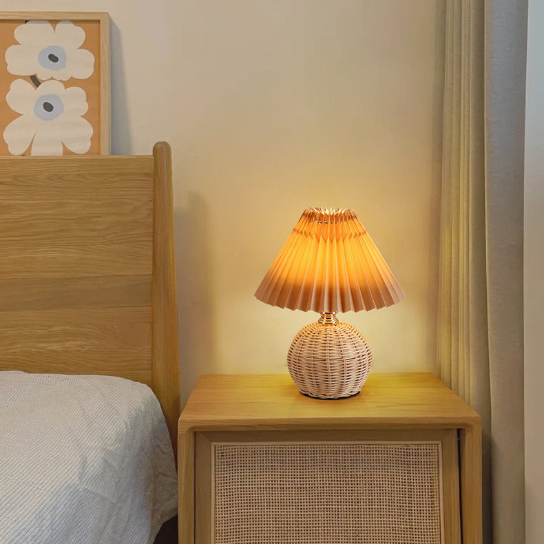 Modern Nordic Rattan Weave Bedside Lamp With Pleated Cone Shade USB LED