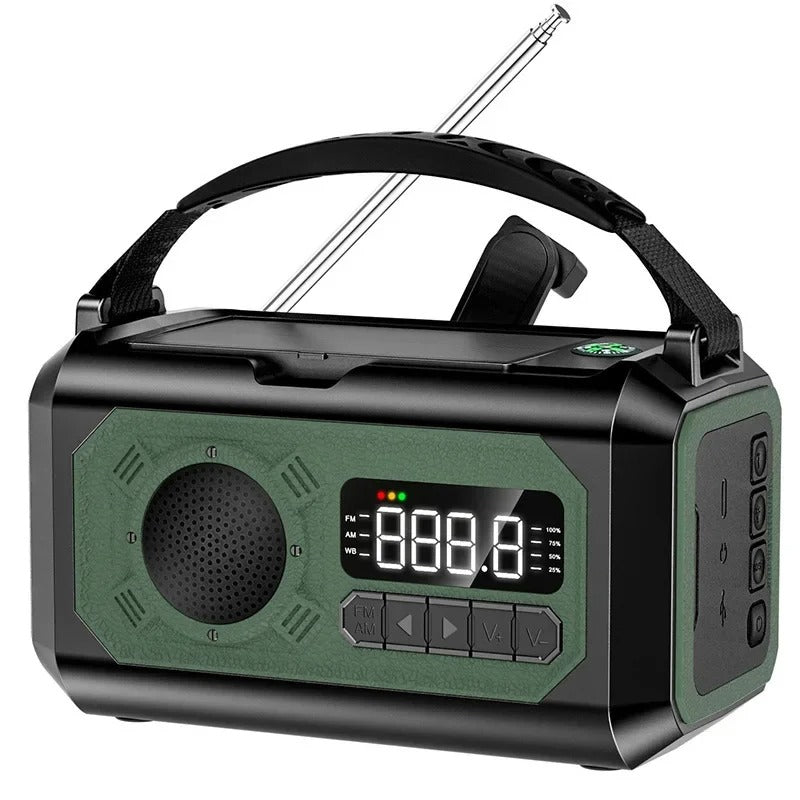 Nouzové rádio 12000mAh — solární a klikové, AM/FM/NOAA