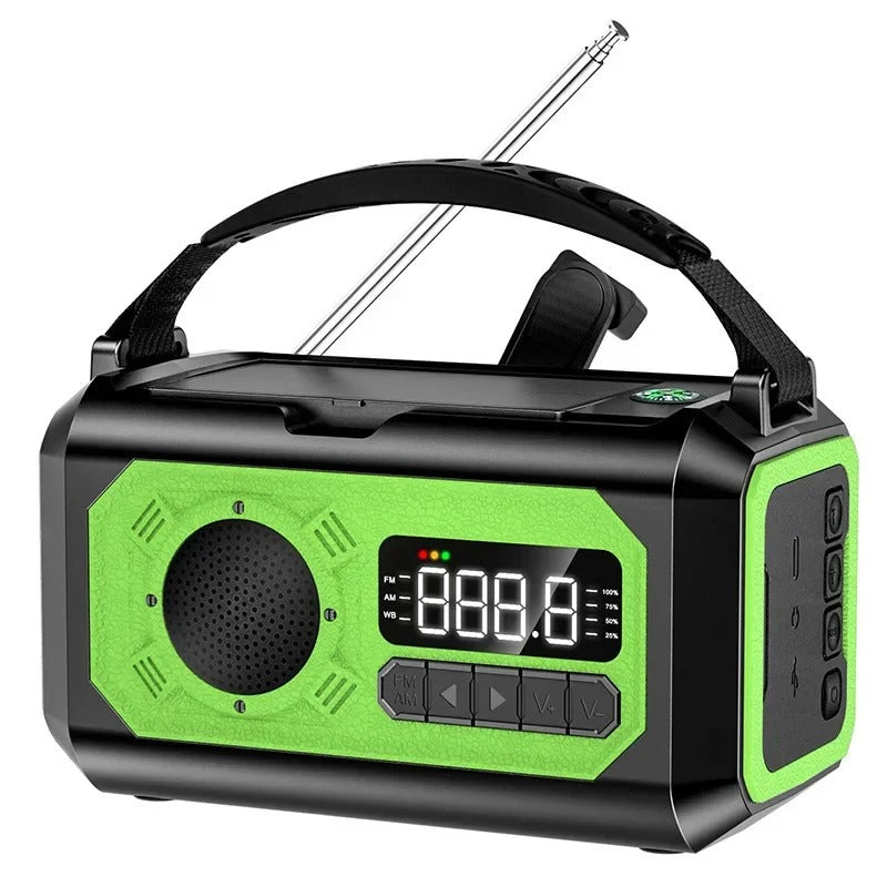 Nouzové rádio 12000mAh — solární a klikové, AM/FM/NOAA