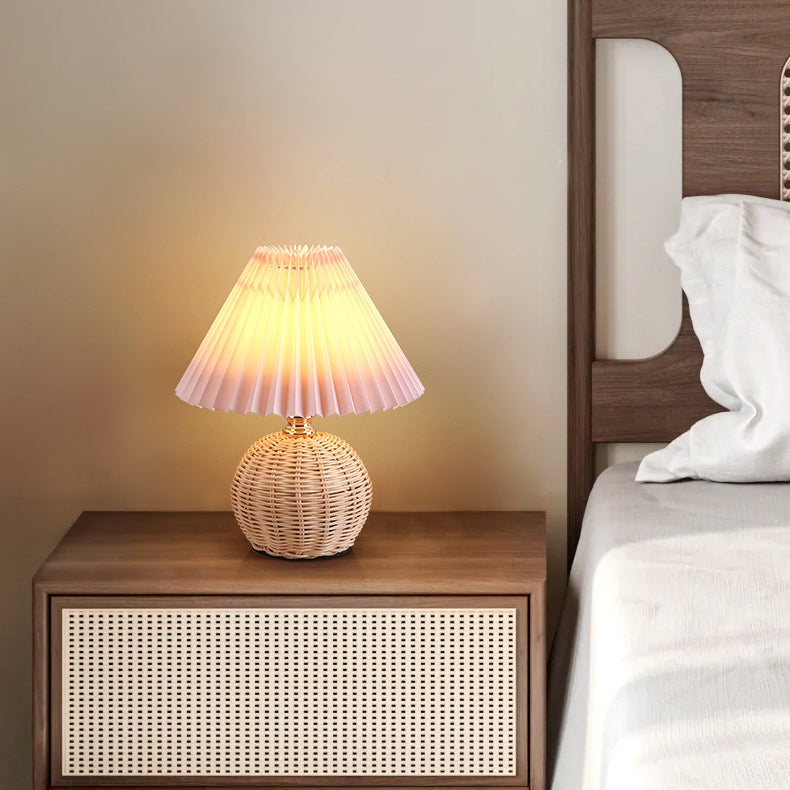 Modern Nordic Rattan Weave Bedside Lamp With Pleated Cone Shade USB LED