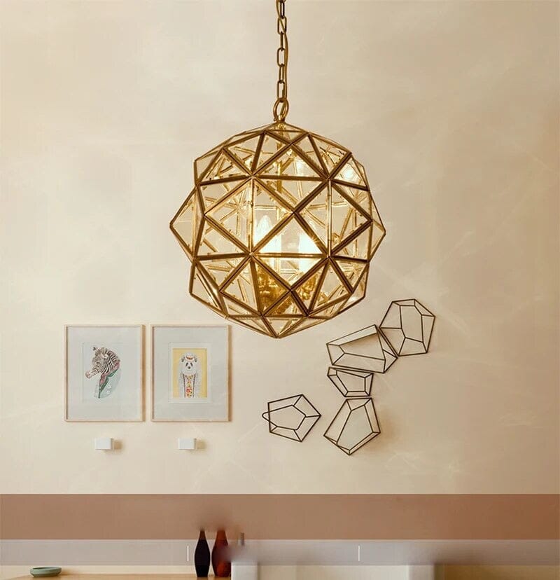 Copper Accented Geometric Glass Pendant Light For Indoor And Outdoor Use