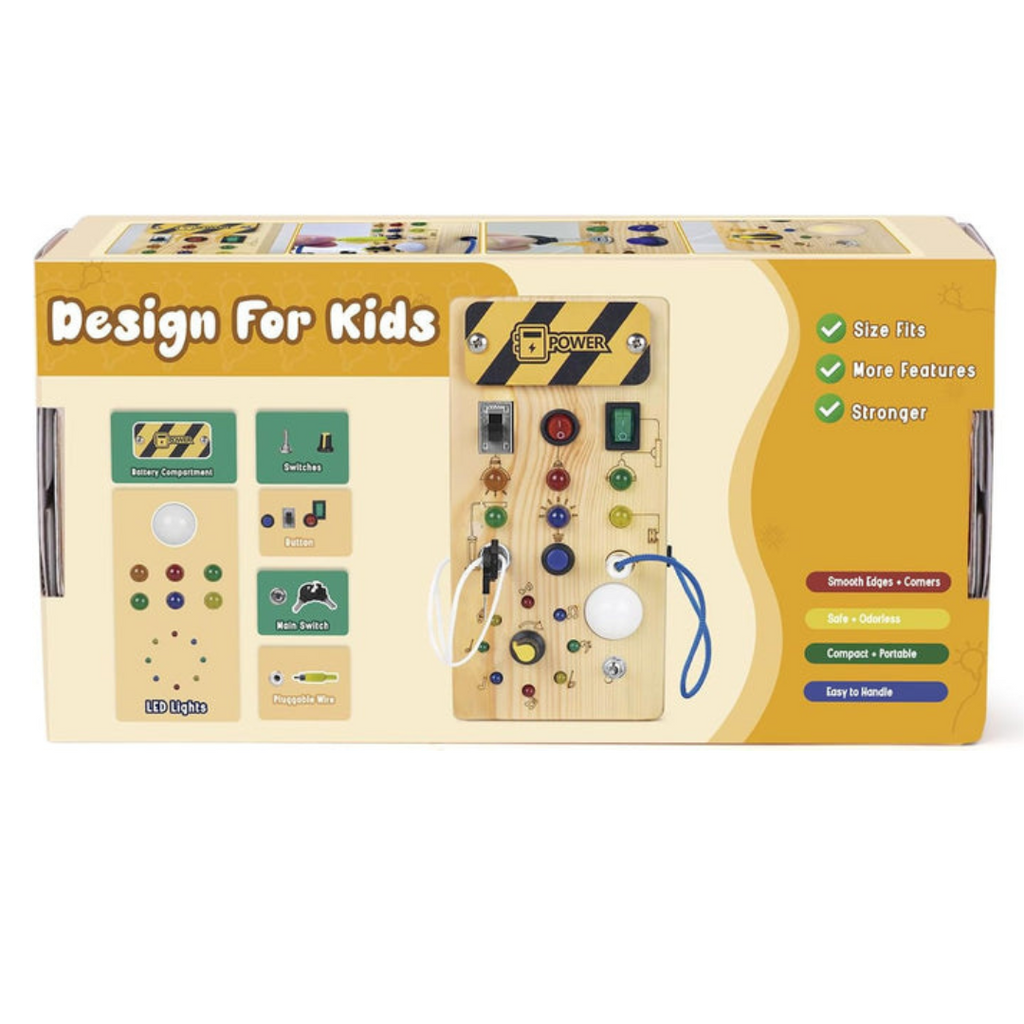 Montessori Wooden Activity Board with 8 LED Switches - Sensory Toys and Travel Toys for Babies and Toddlers from 1+ Years