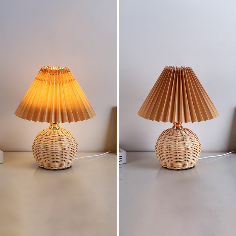 Modern Nordic Rattan Weave Bedside Lamp With Pleated Cone Shade USB LED