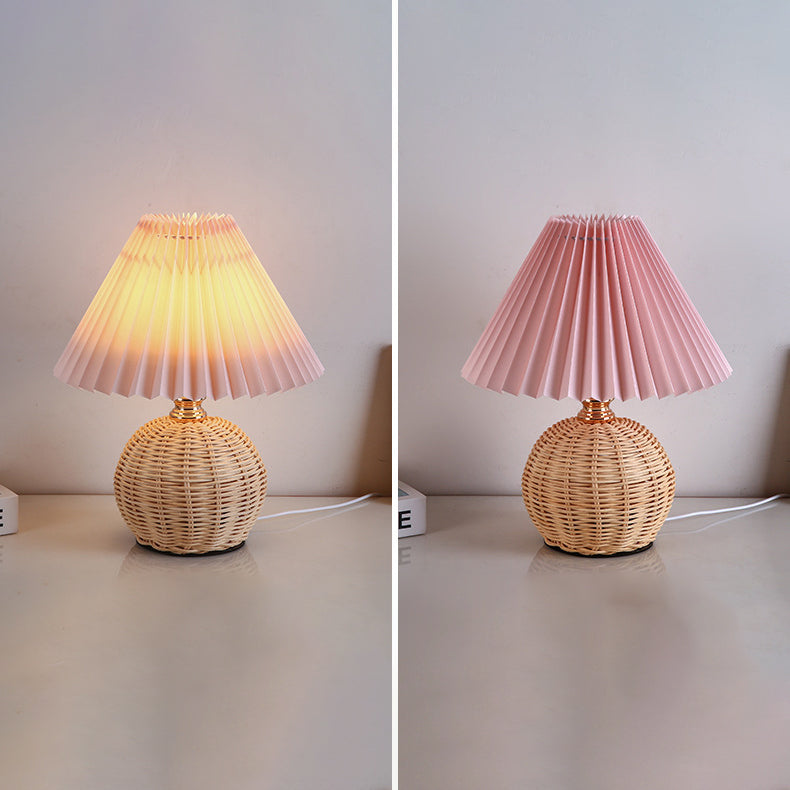 Modern Nordic Rattan Weave Bedside Lamp With Pleated Cone Shade USB LED