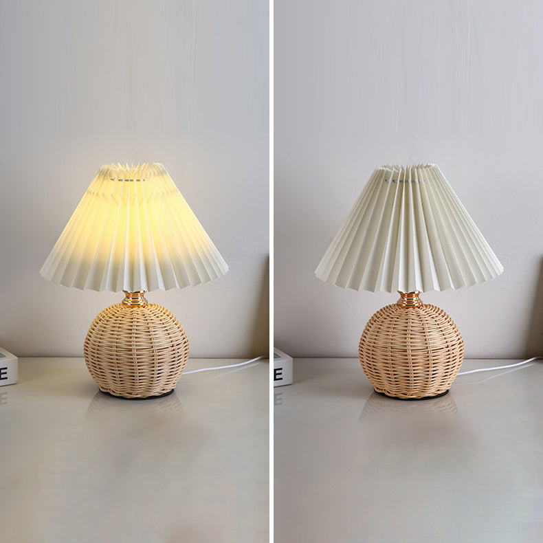 Modern Nordic Rattan Weave Bedside Lamp With Pleated Cone Shade USB LED