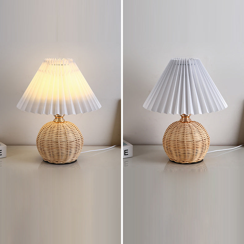 Modern Nordic Rattan Weave Bedside Lamp With Pleated Cone Shade USB LED