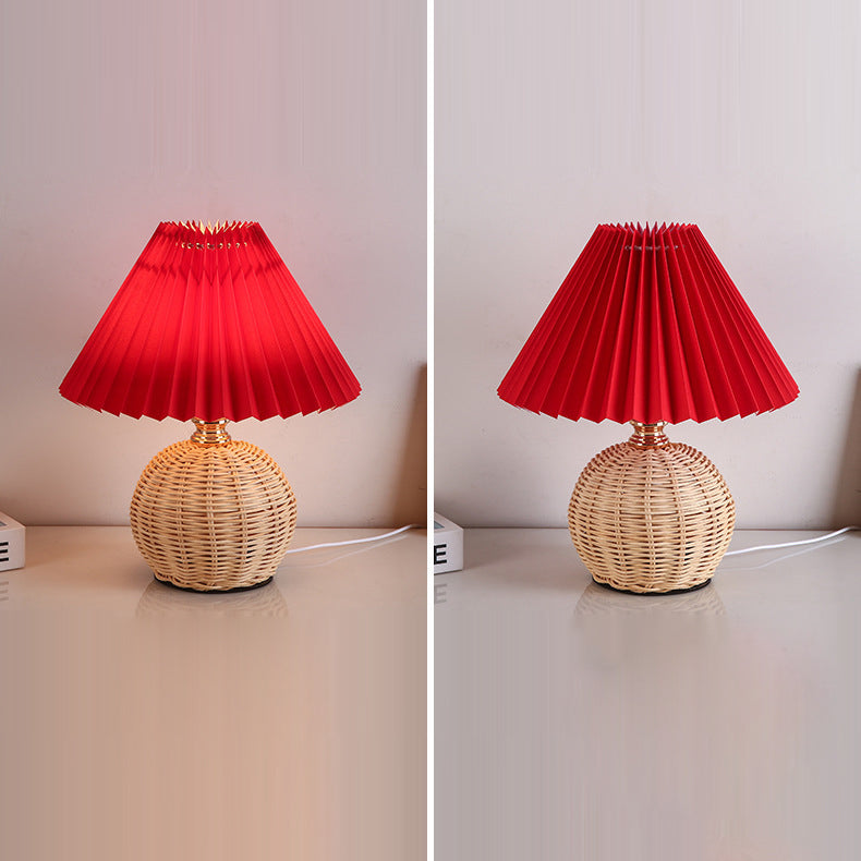 Modern Nordic Rattan Weave Bedside Lamp With Pleated Cone Shade USB LED