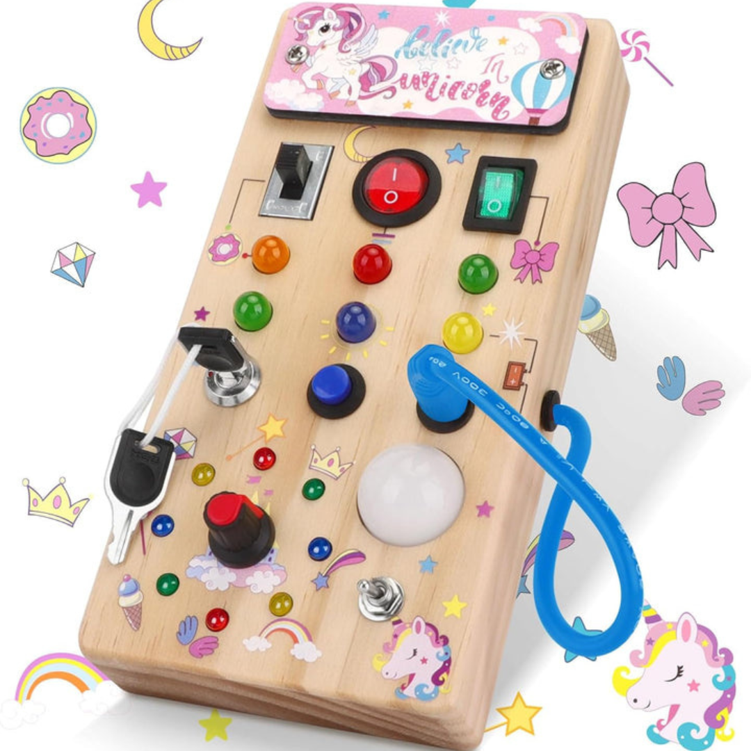 Montessori Wooden Activity Board with 8 LED Switches - Sensory Toys and Travel Toys for Babies and Toddlers from 1+ Years