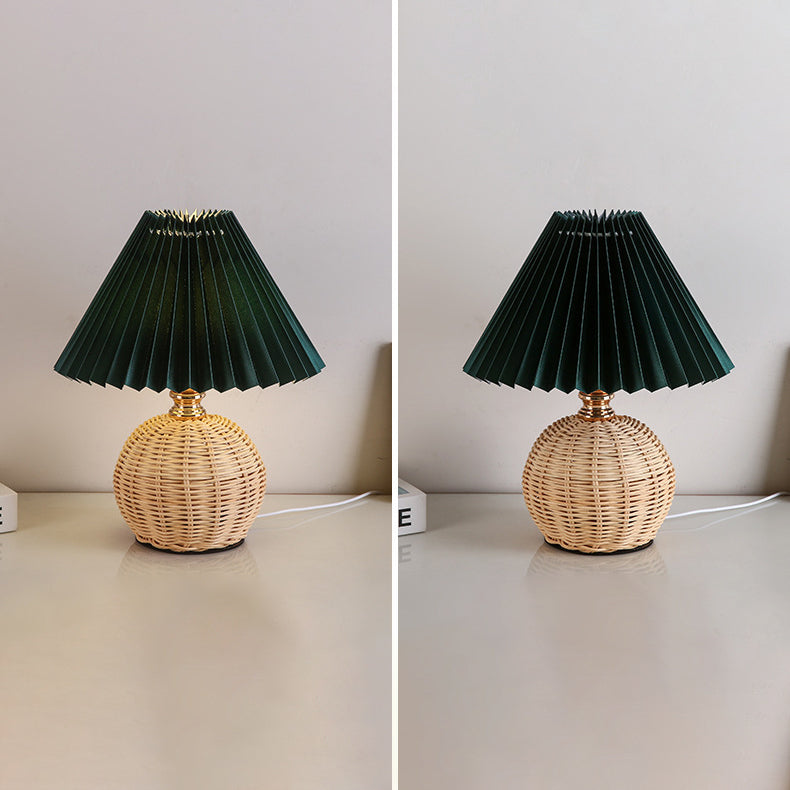 Modern Nordic Rattan Weave Bedside Lamp With Pleated Cone Shade USB LED