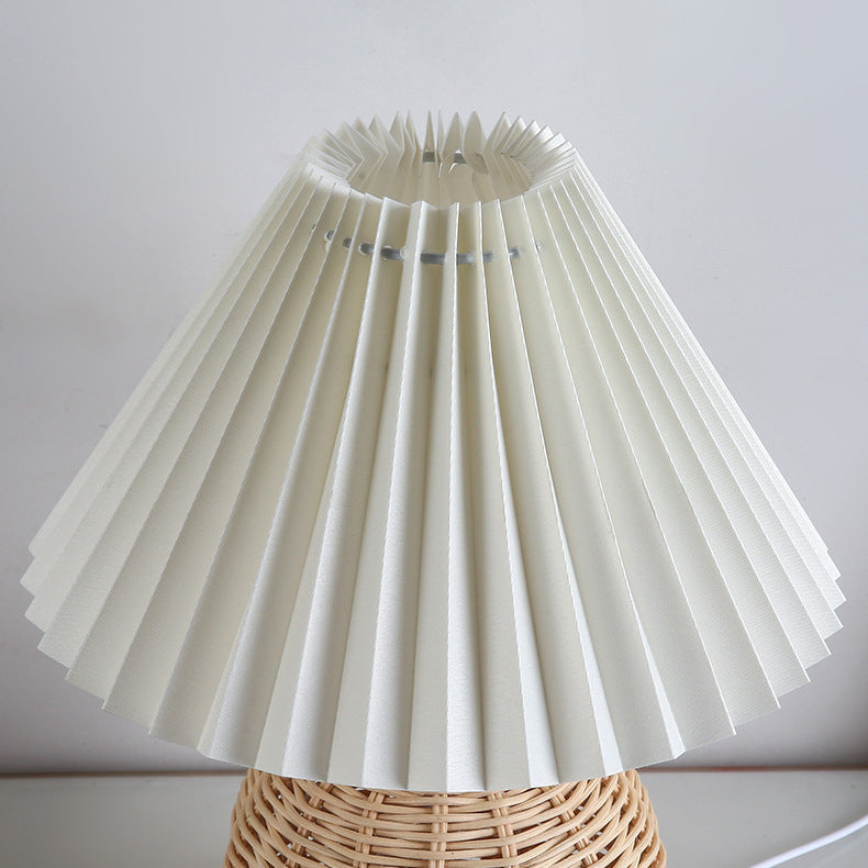 Modern Nordic Rattan Weave Bedside Lamp With Pleated Cone Shade USB LED
