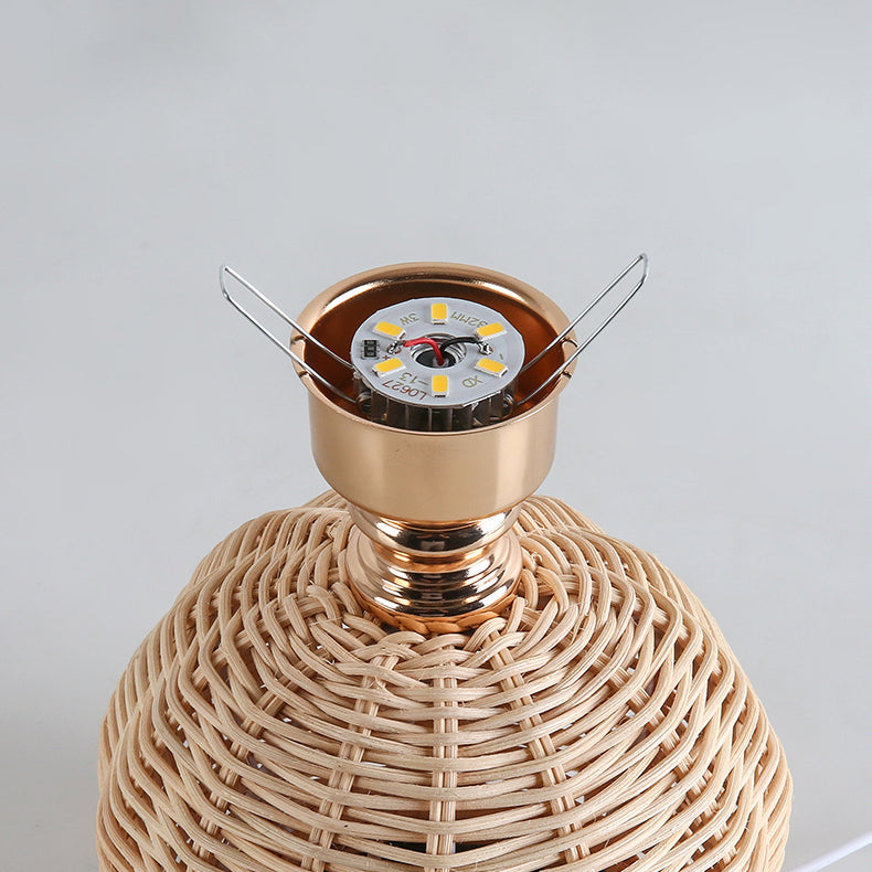 Modern Nordic Rattan Weave Bedside Lamp With Pleated Cone Shade USB LED