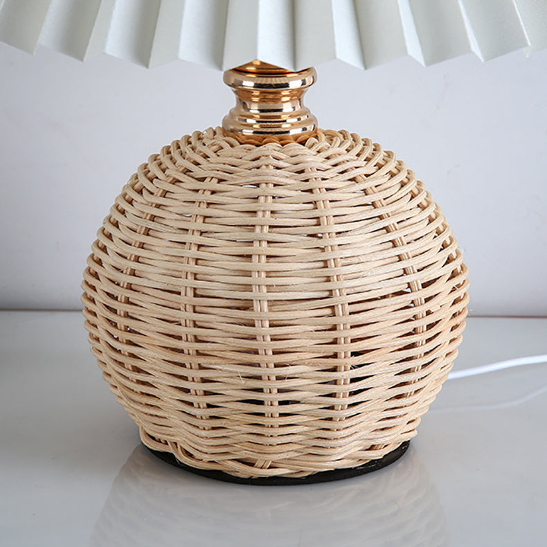 Modern Nordic Rattan Weave Bedside Lamp With Pleated Cone Shade USB LED