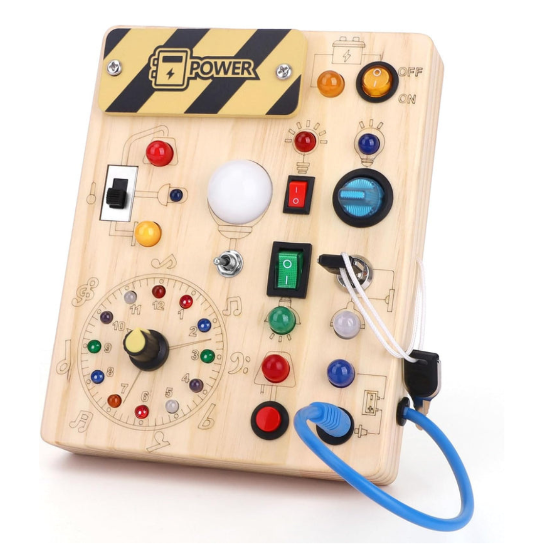 Montessori Wooden Activity Board with 8 LED Switches - Sensory Toys and Travel Toys for Babies and Toddlers from 1+ Years