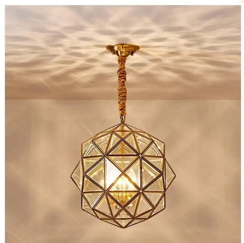 Copper Accented Geometric Glass Pendant Light For Indoor And Outdoor Use