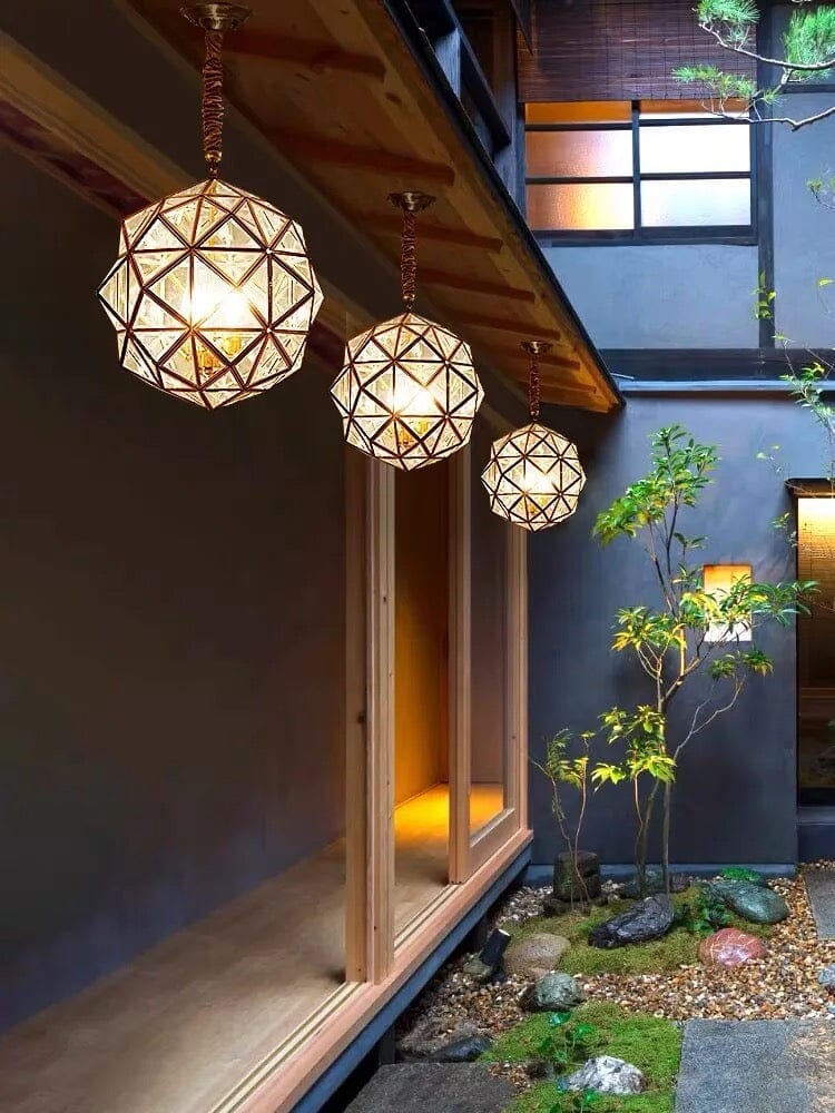 Copper Accented Geometric Glass Pendant Light For Indoor And Outdoor Use