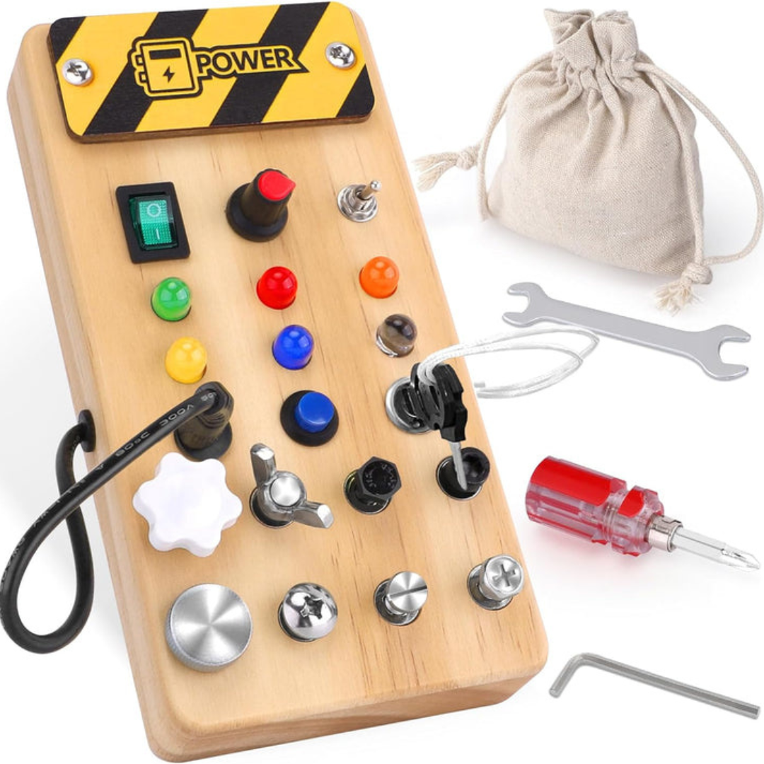 Montessori Wooden Activity Board with 8 LED Switches - Sensory Toys and Travel Toys for Babies and Toddlers from 1+ Years