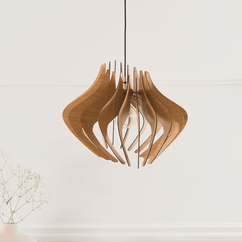 Asteri Ripple Wood Pendant Light Handcrafted in Greece