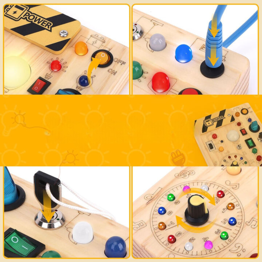 Montessori Wooden Activity Board with 8 LED Switches - Sensory Toys and Travel Toys for Babies and Toddlers from 1+ Years