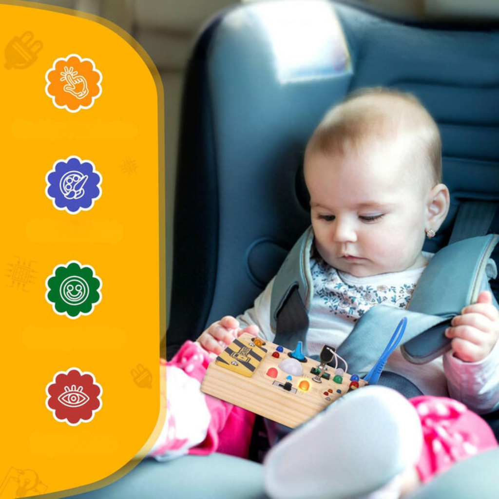 Montessori Wooden Activity Board with 8 LED Switches - Sensory Toys and Travel Toys for Babies and Toddlers from 1+ Years