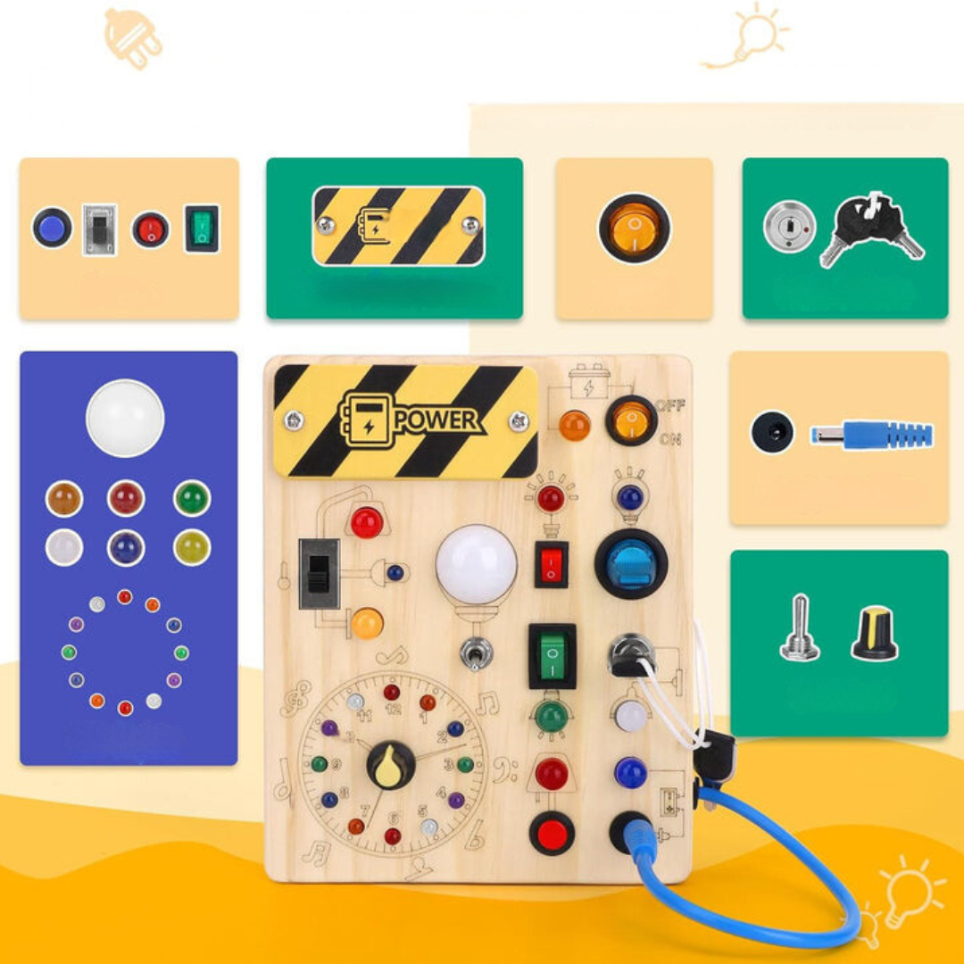 Montessori Wooden Activity Board with 8 LED Switches - Sensory Toys and Travel Toys for Babies and Toddlers from 1+ Years