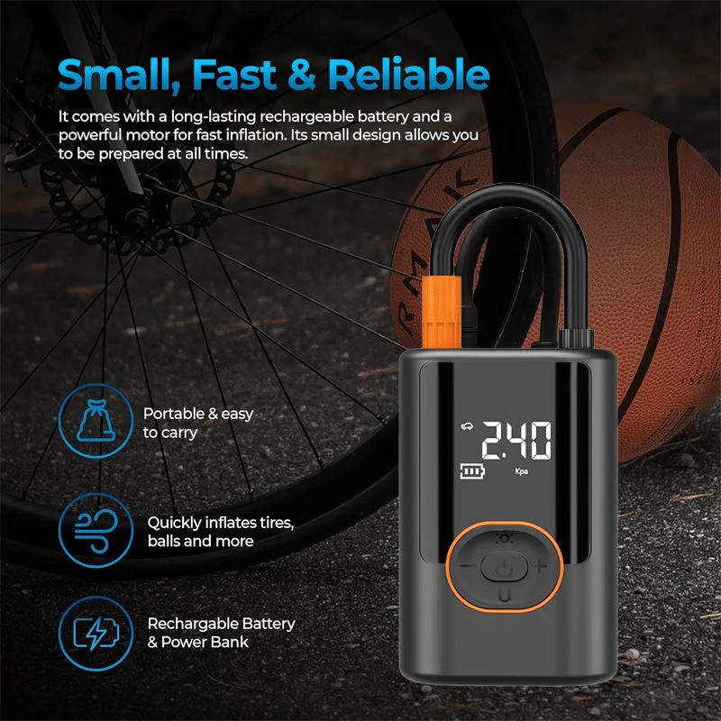 Cordless Tire Inflator with Battery - Portable, Fast & USB Rechargeable Air Pump