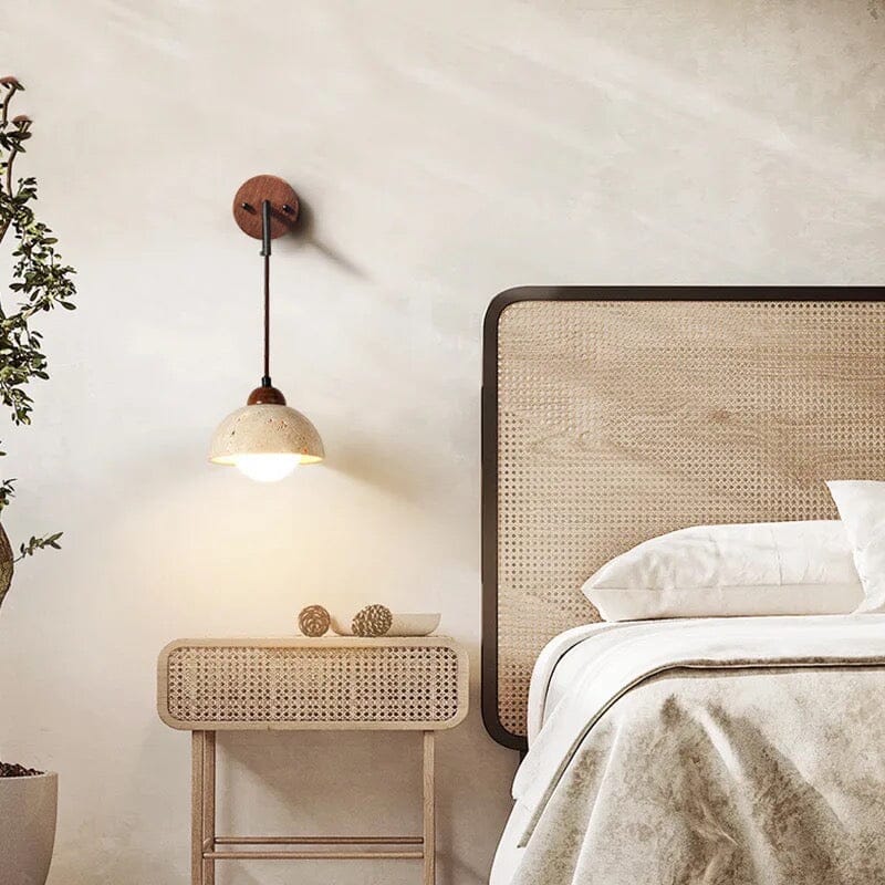 Liora Travertine Wall Sconce With Natural Wood And Stone Shade