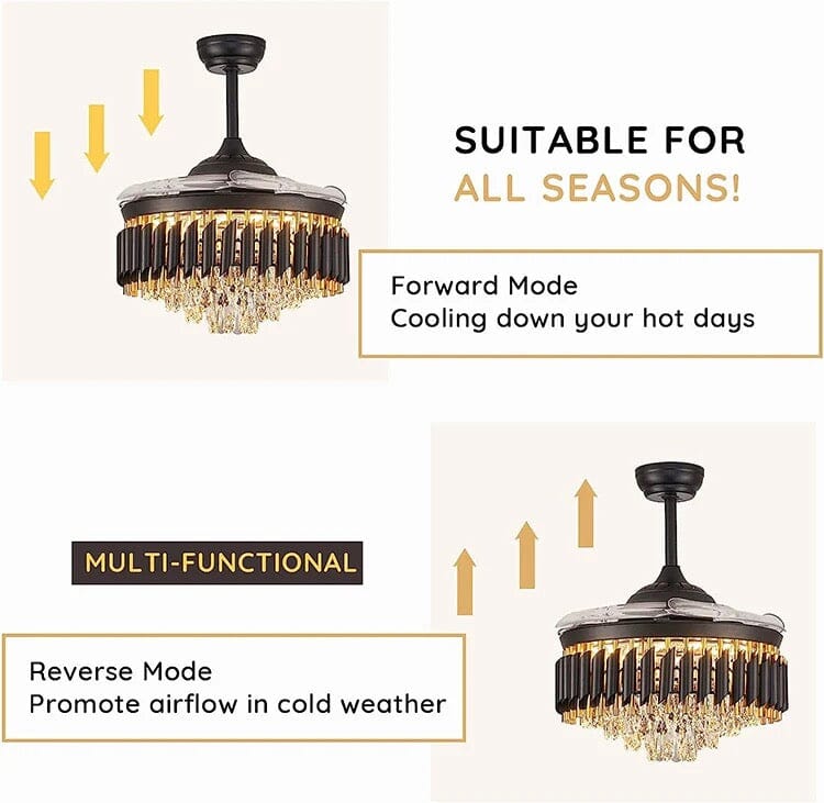 Aurelle Crystal Fandelier With Retractable Blades And Quiet DC Motor