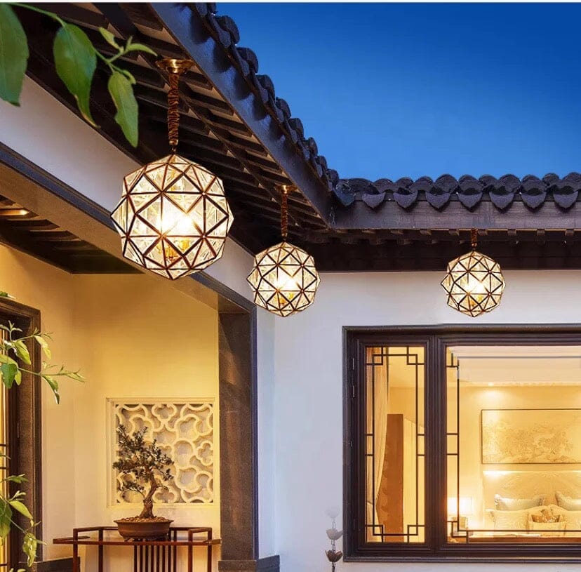 Copper Accented Geometric Glass Pendant Light For Indoor And Outdoor Use