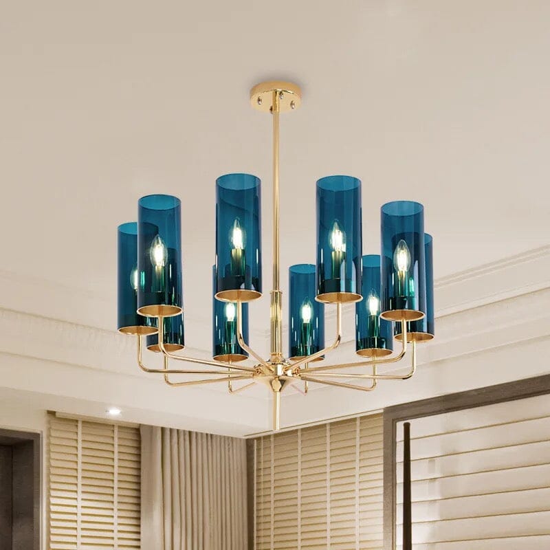 Luminere Blue Glass LED Chandelier With Gold-Plated Frame