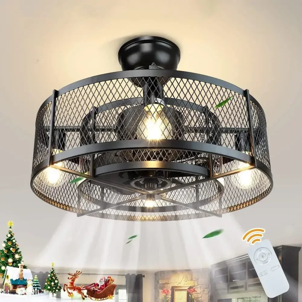 Industrial fan ceiling lamp black with metal mesh