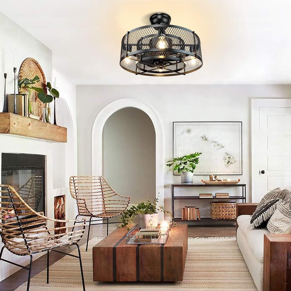 Industrial fan ceiling lamp black with metal mesh