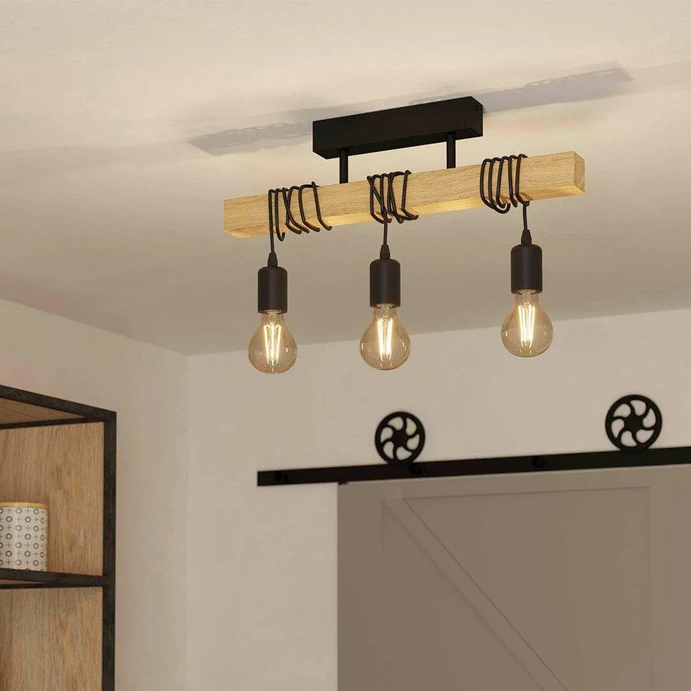 Industrielle Pendelleuchte schwarz mit Holz