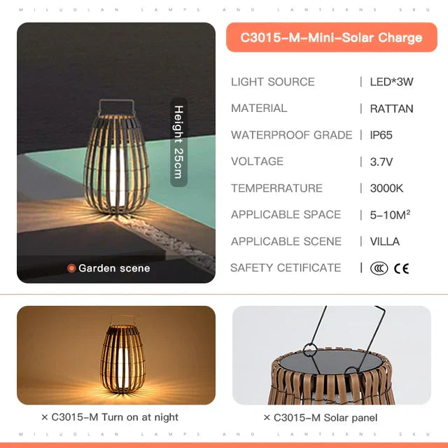 Liora Rattan Solar Lantern for Outdoor Garden Lighting