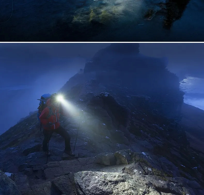 Výkonná vodotěsná LED čelovka se zoomem a dobíjecí baterií pro venkovní aktivity