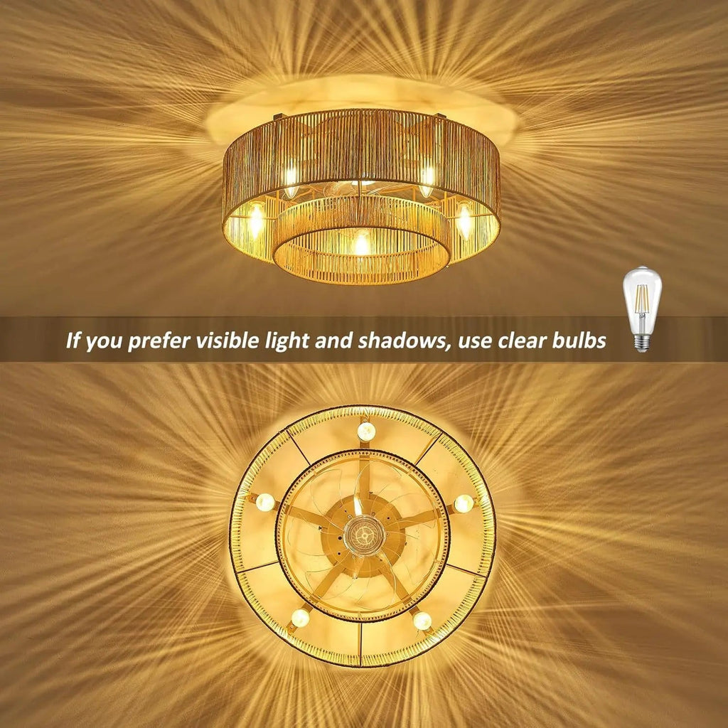 Ventilador de techo con lámpara de ratán