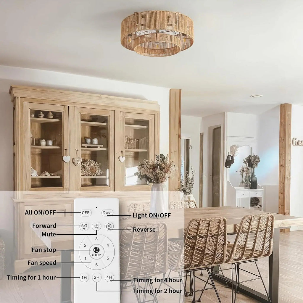 Ventilador de techo con lámpara de ratán