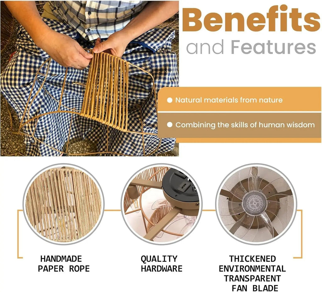 Ventilador de techo con lámpara de ratán