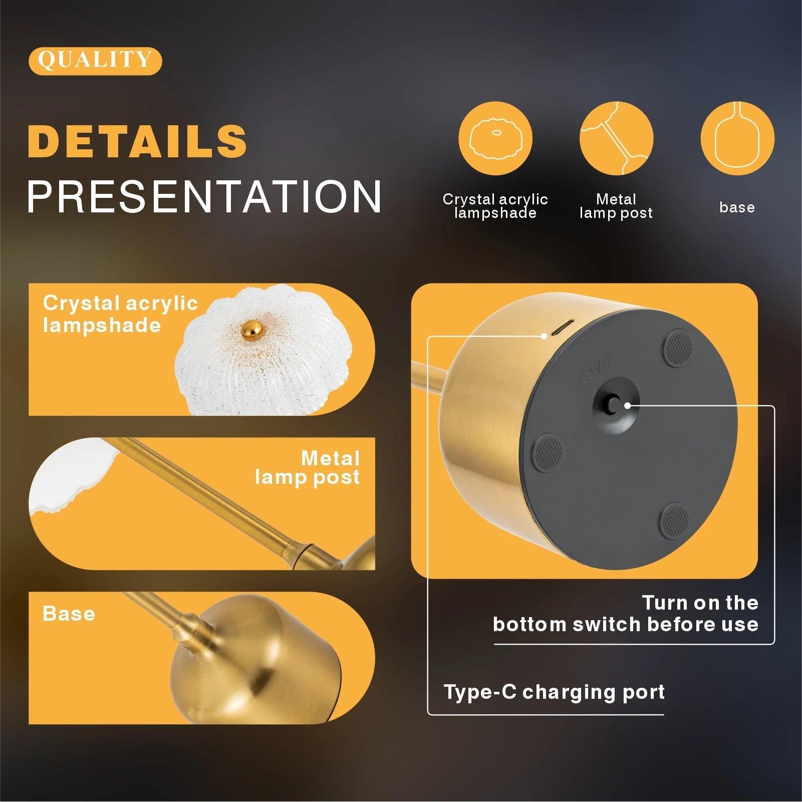 Lámpara de mesa recargable con flor de cristal