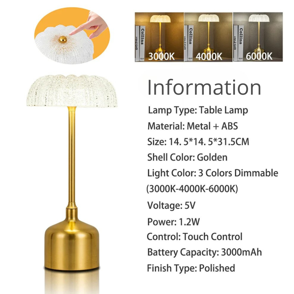 Lámpara de mesa recargable con flor de cristal