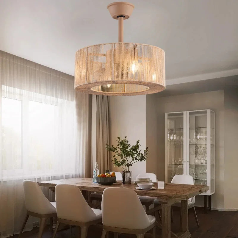 Retro rattan fan ceiling lamp