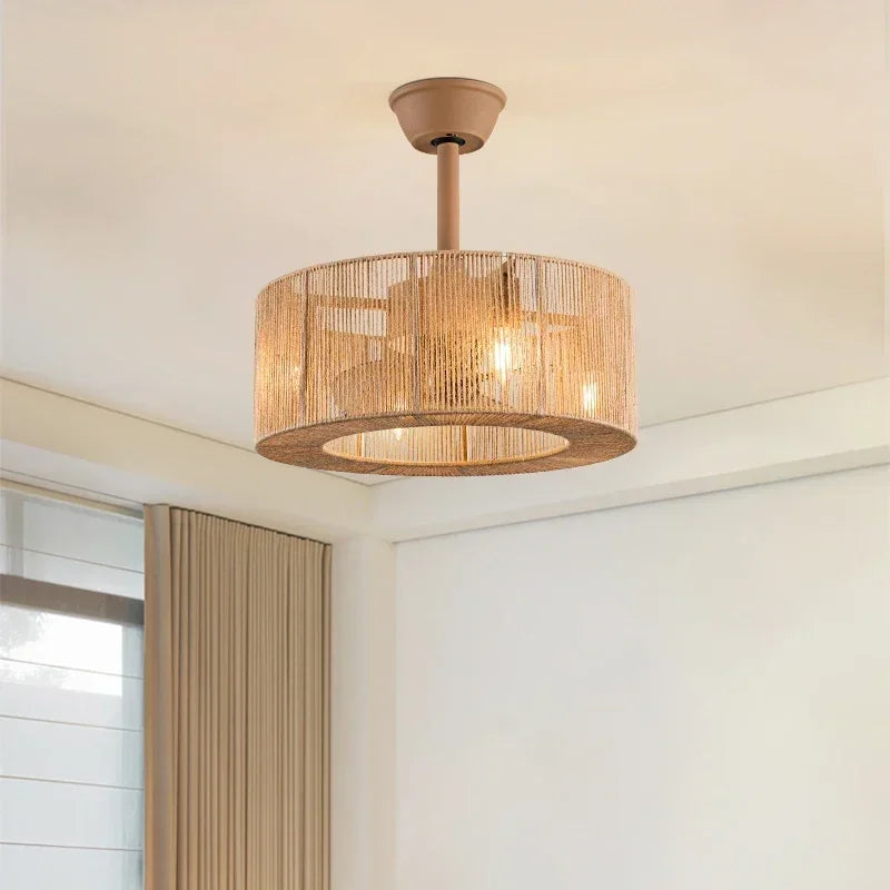 Retro rattan fan ceiling lamp